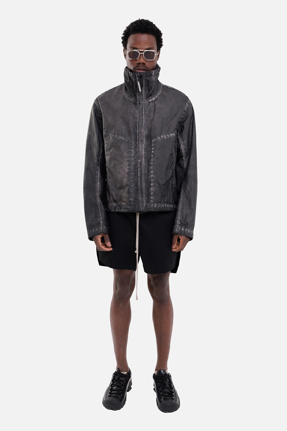 Isaac Sellam Experience men's leather jacket in plomb grey, on-model full-length, high stand collar