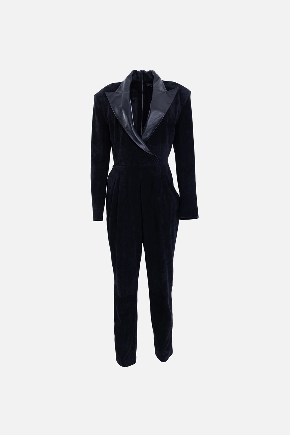 Pre-owned Jitrois leather jumpsuit in black, front view, wrap front with glossy tuxedo lapels