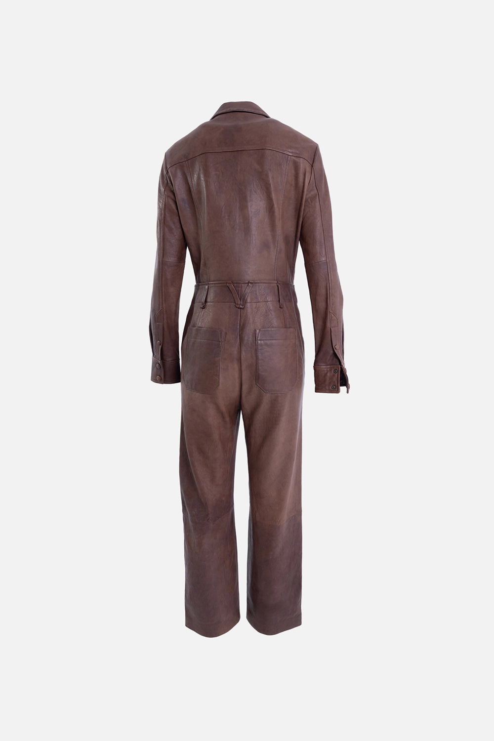 Pre-owned Veronica Beard women's leather jumpsuit in brown, back view, belt loops and back patch pockets