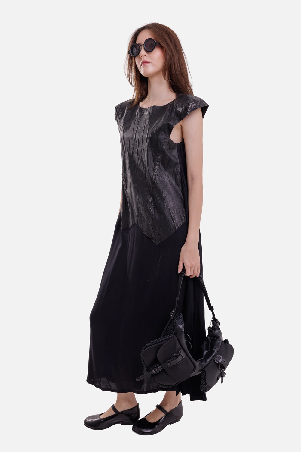 Isaac Sellam Experience women's maxi dress in Plomb, full-length view with textured leather bodice and fluid skirt