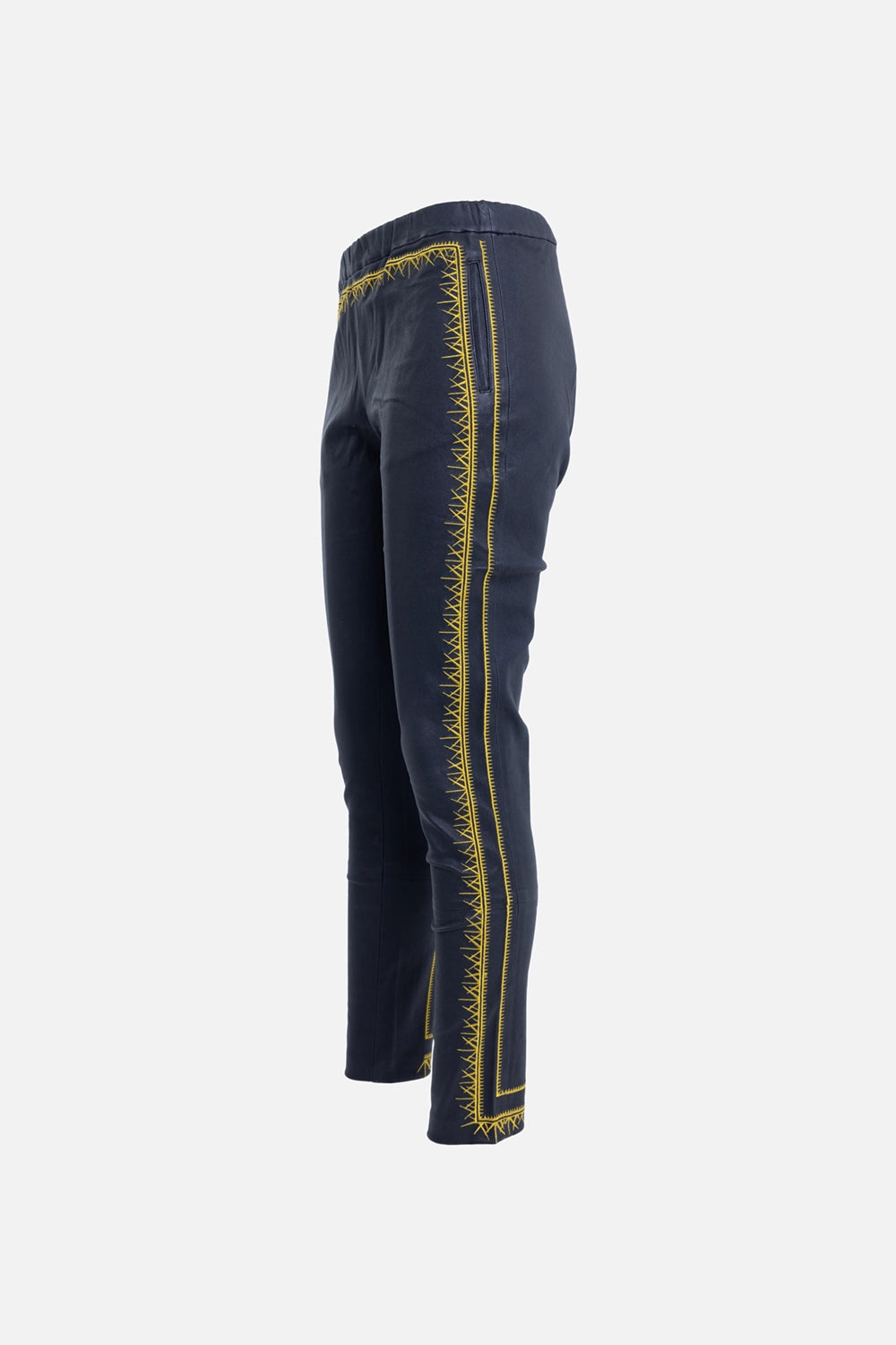 Pre-owned Haider Ackermann women’s leather pants in black, side view, yellow topstitch panel running down the leg