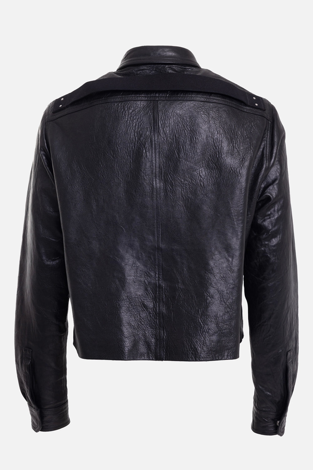 Rick Owens men's leather shirt jacket in black, back view, cotton webbing strap and center seam