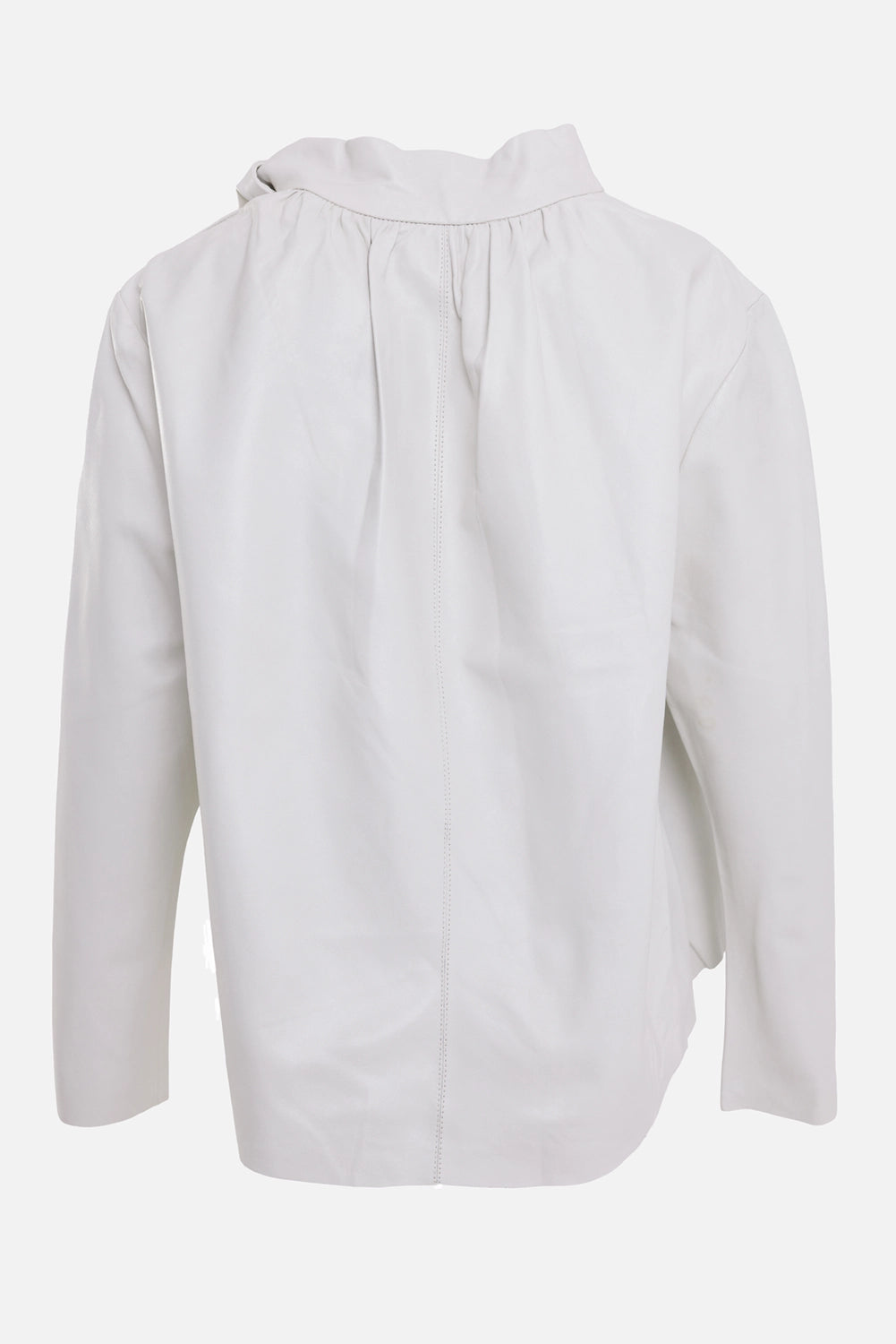 Isabel Marant women's leather top in white, back view, gathered collar and central stitched seam