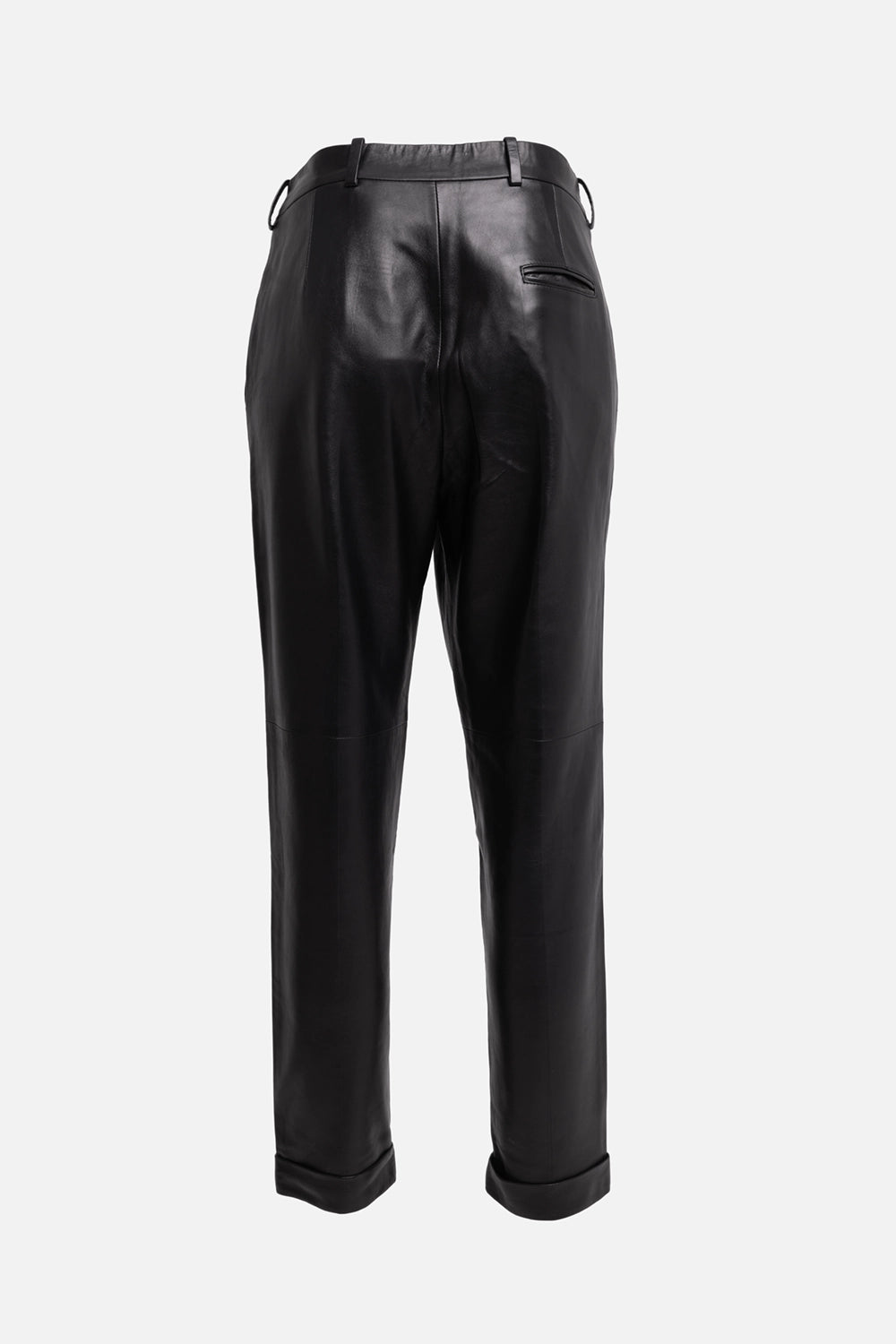 Pre-owned Saint Laurent women leather trousers in black, back view, clean waistband with belt loops and rear welt pocket