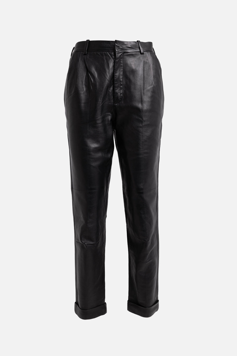Pre-owned Saint Laurent women leather trousers in black, front view, high-rise with front pleats and cuffed hems