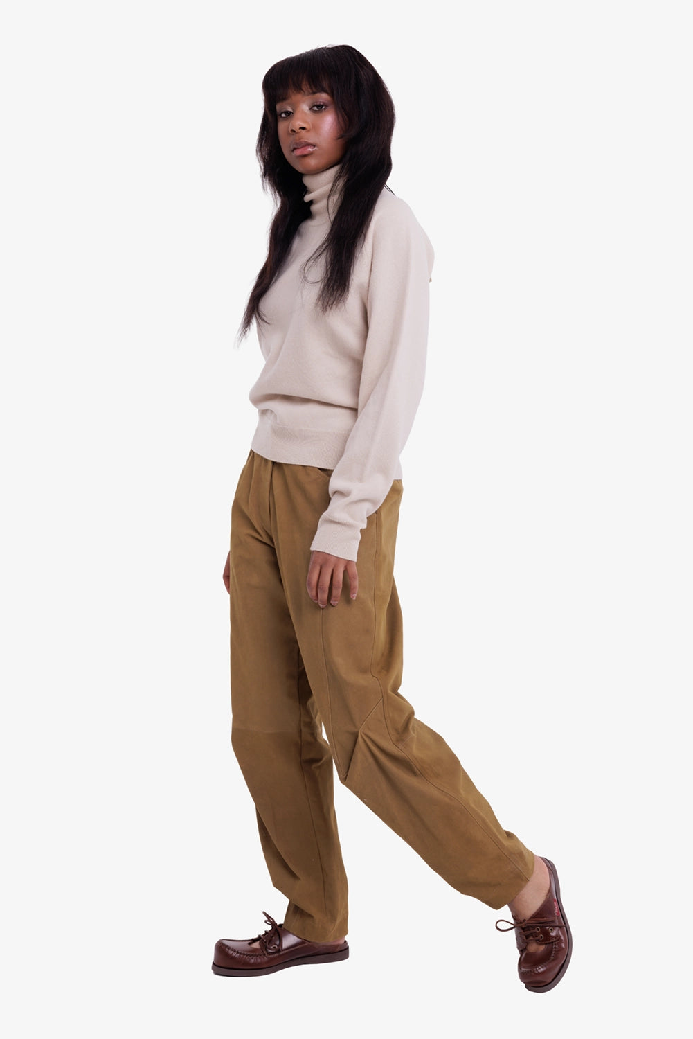 Gentry Portofino women's leather trousers in camel, full-length view with relaxed tapered legs and panelled knees