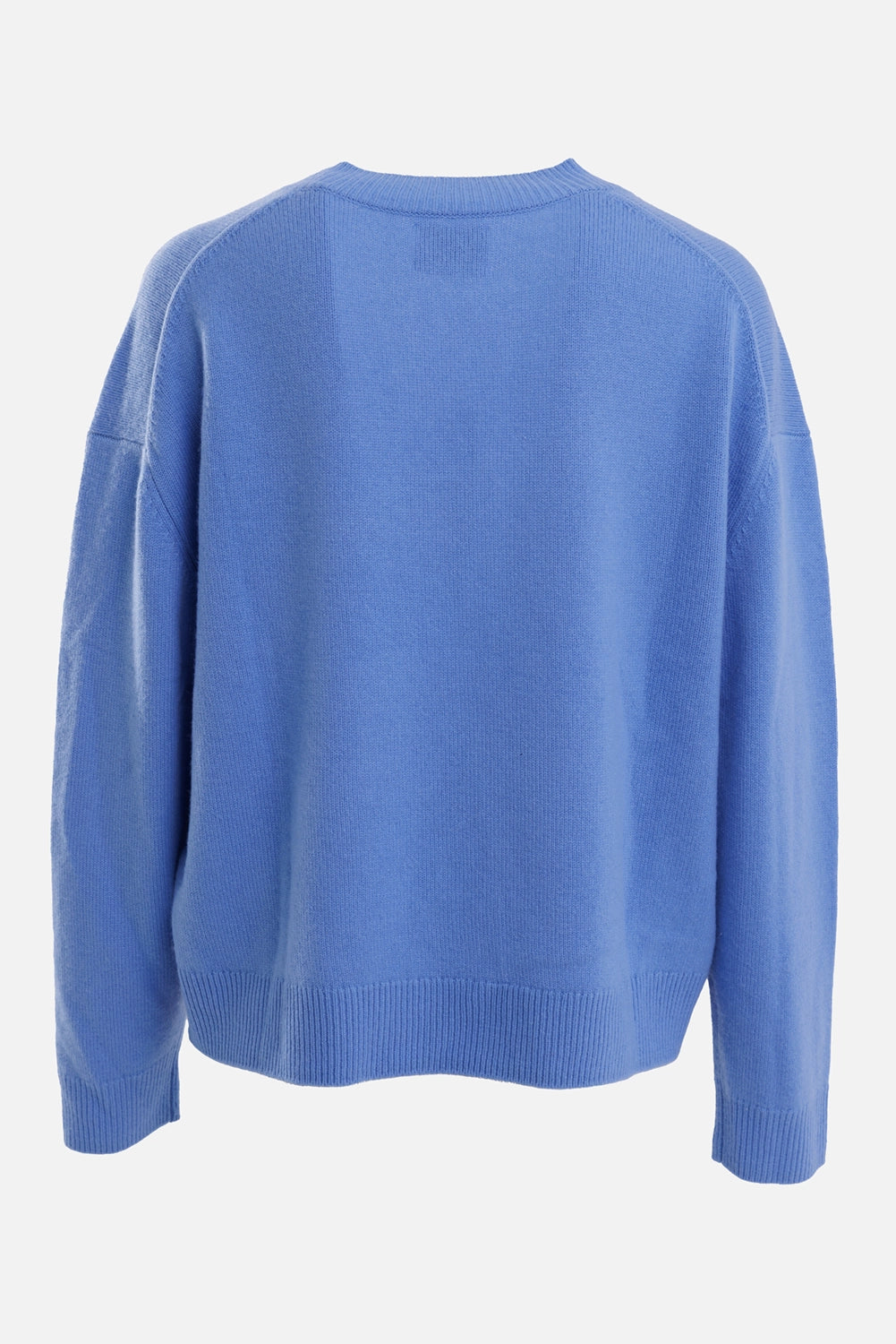Anine Bing women's sweater in storm blue, back view with plain cashmere knit, dropped seams and ribbed hem