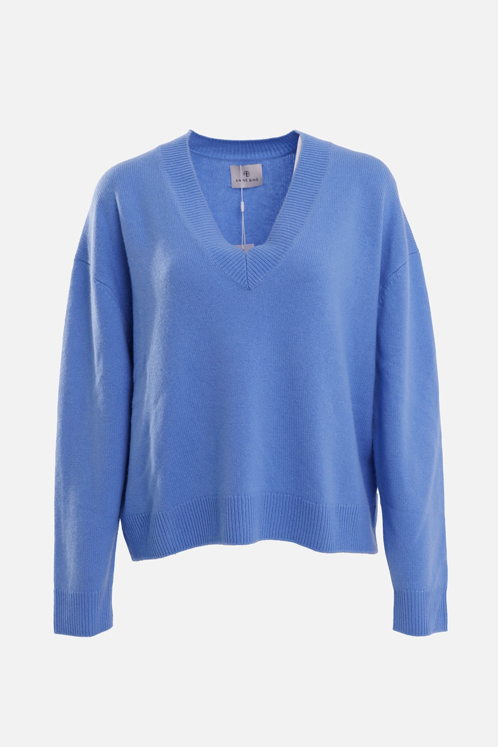 Anine Bing women's sweater in storm blue, front view with deep V-neck, relaxed body and ribbed hem