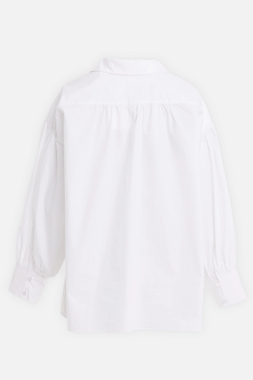By Malene Birger women's cotton blouse in pure white, back view, gathered yoke and button cuffs