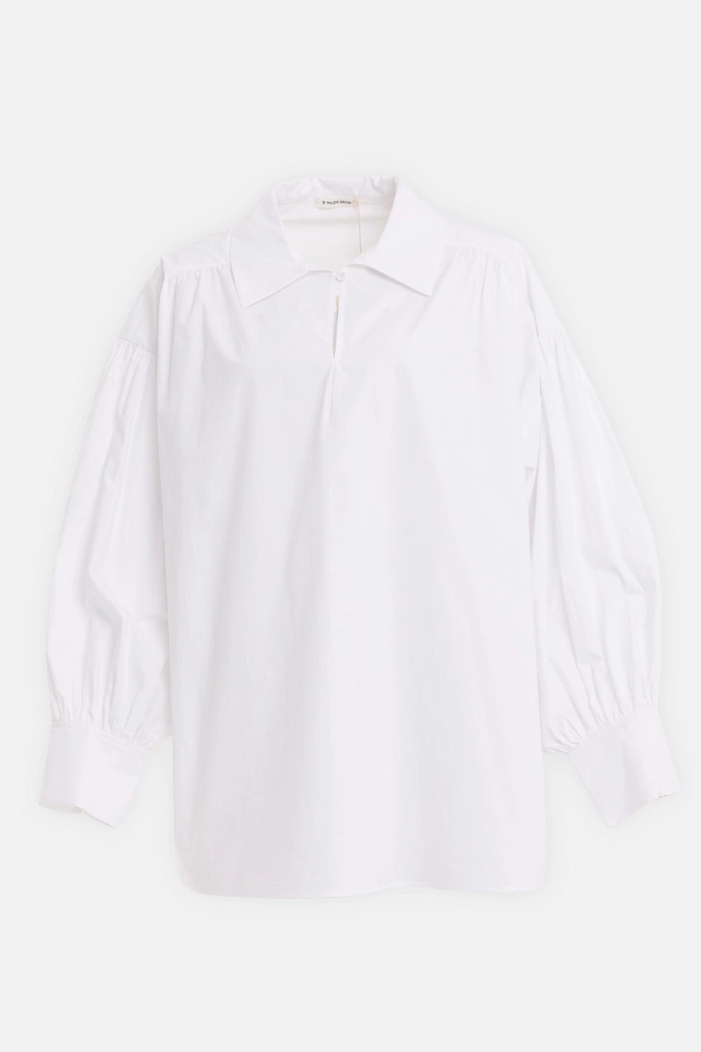 By Malene Birger women's cotton blouse in pure white, front view, sharp collar and gathered sleeves