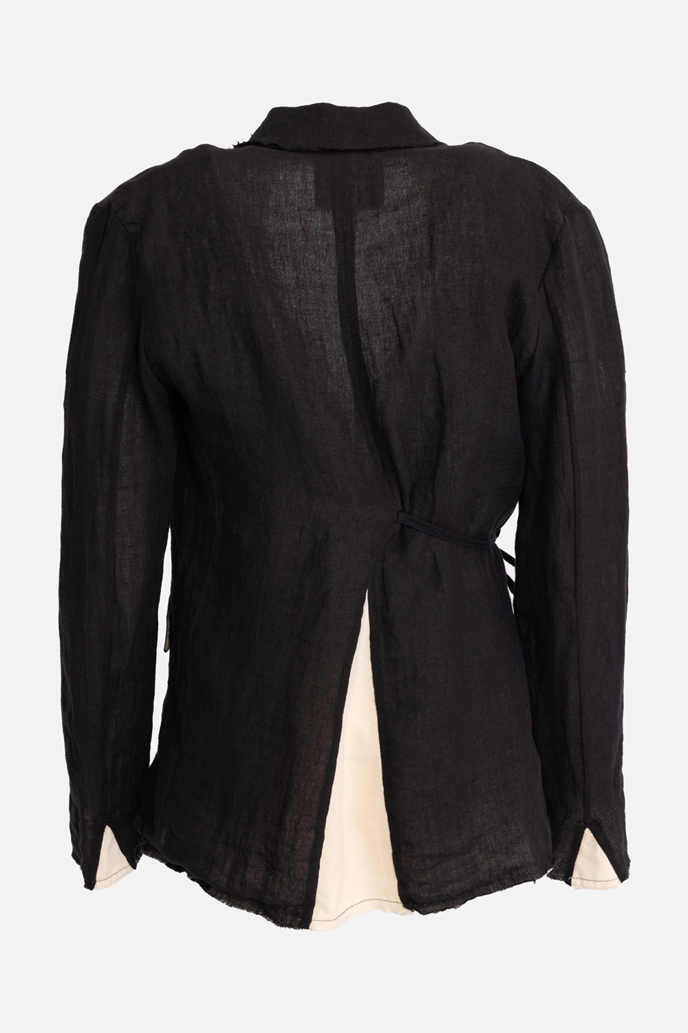 Vuscichè women's linen blazer in black, back view, open vent with cream underlayer