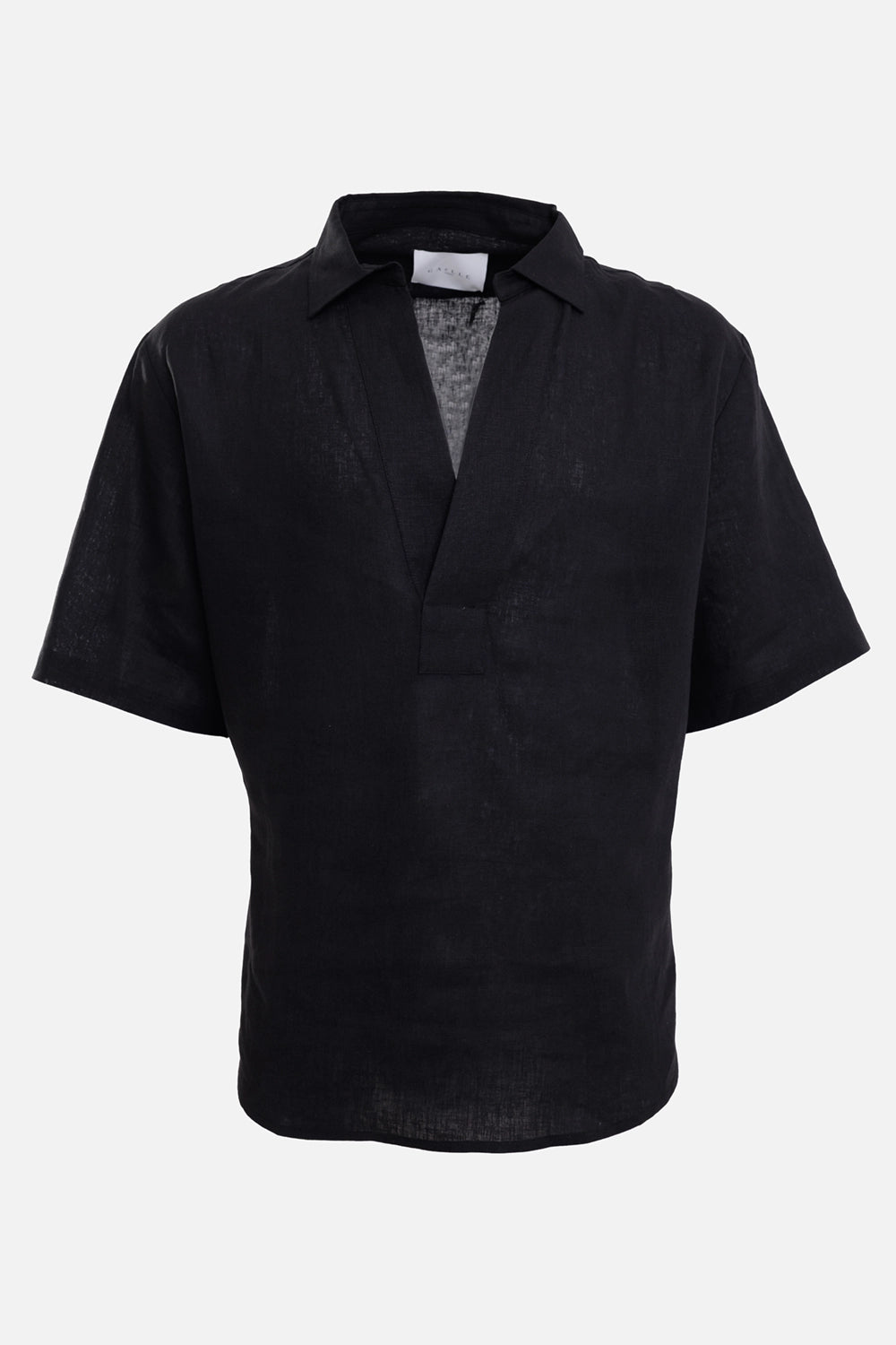 Gaëlle Paris men's linen shirt in black, front view, deep V placket and semi-sheer linen texture