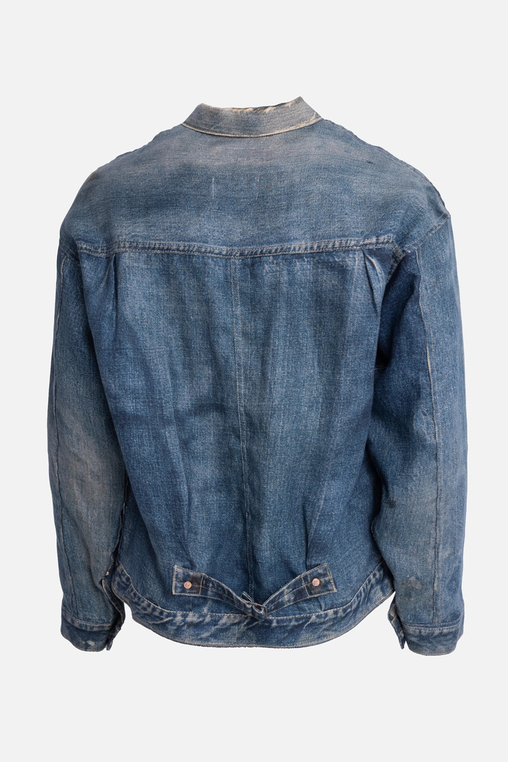 eYe JUNYA WATANABE MAN men's linen jacket in indigo, back view, T-back seam and rear cinch tabs