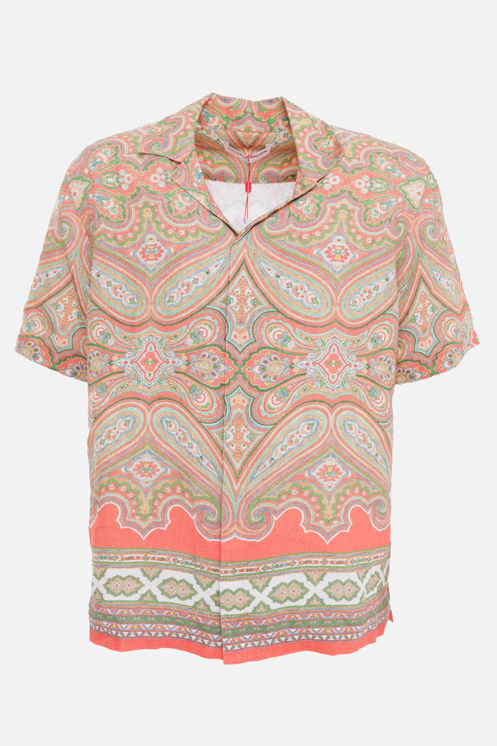Orlebar Brown men's linen resort shirt in Vermillion, front view with Capri collar and concealed placket
