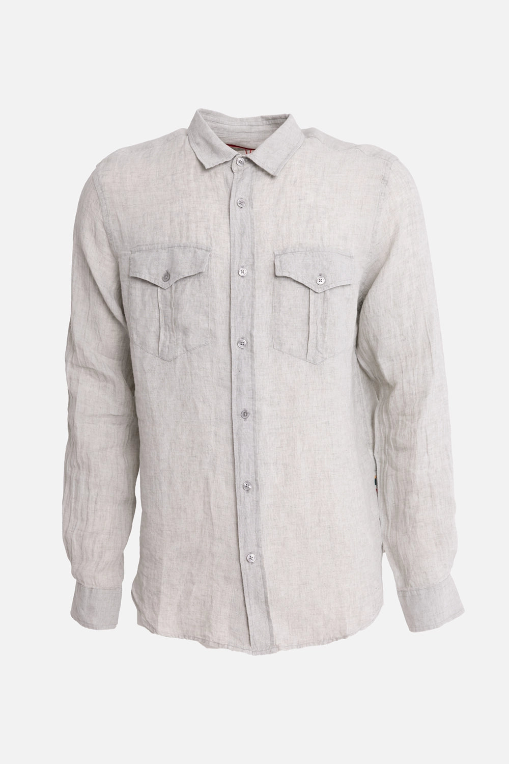 Orlebar Brown men's linen shirt in Cliff Grey, front view, two flap pockets and textured linen weave