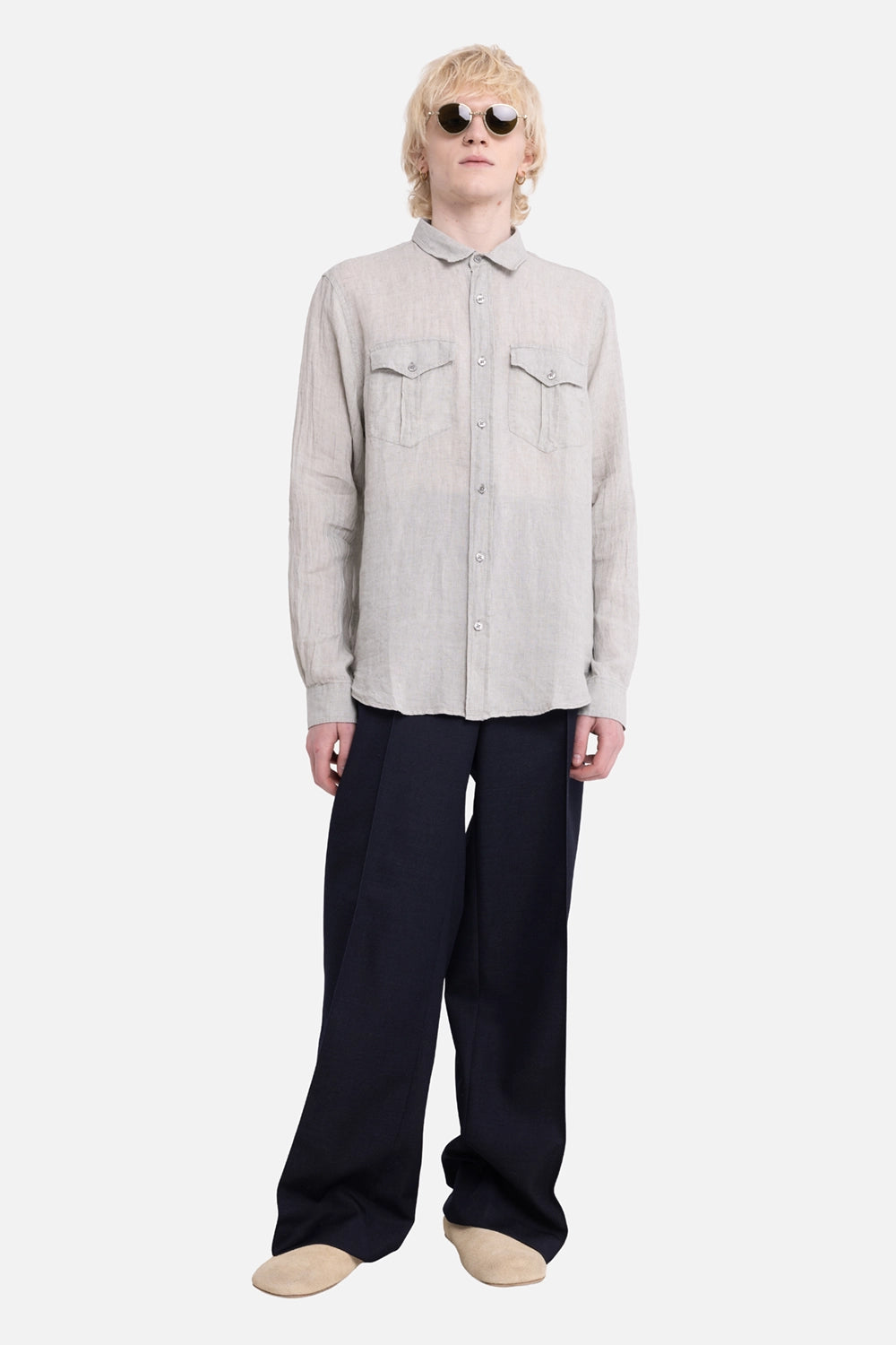 Orlebar Brown men's linen shirt in Cliff Grey, on-model full-length, flap chest pockets and button cuffs