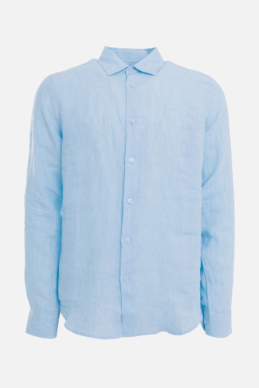 Orlebar Brown men's linen shirt in Riviera, front view with classic collar and pale blue buttons