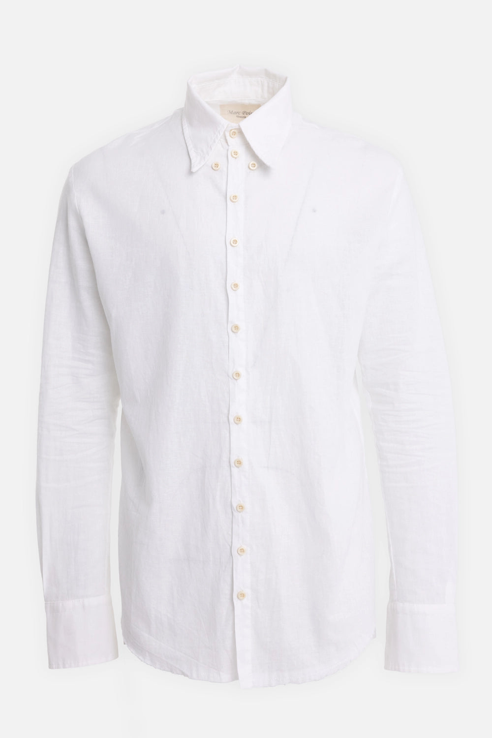 Marc Point men's linen shirt in white, front view, button-down collar and natural button placket