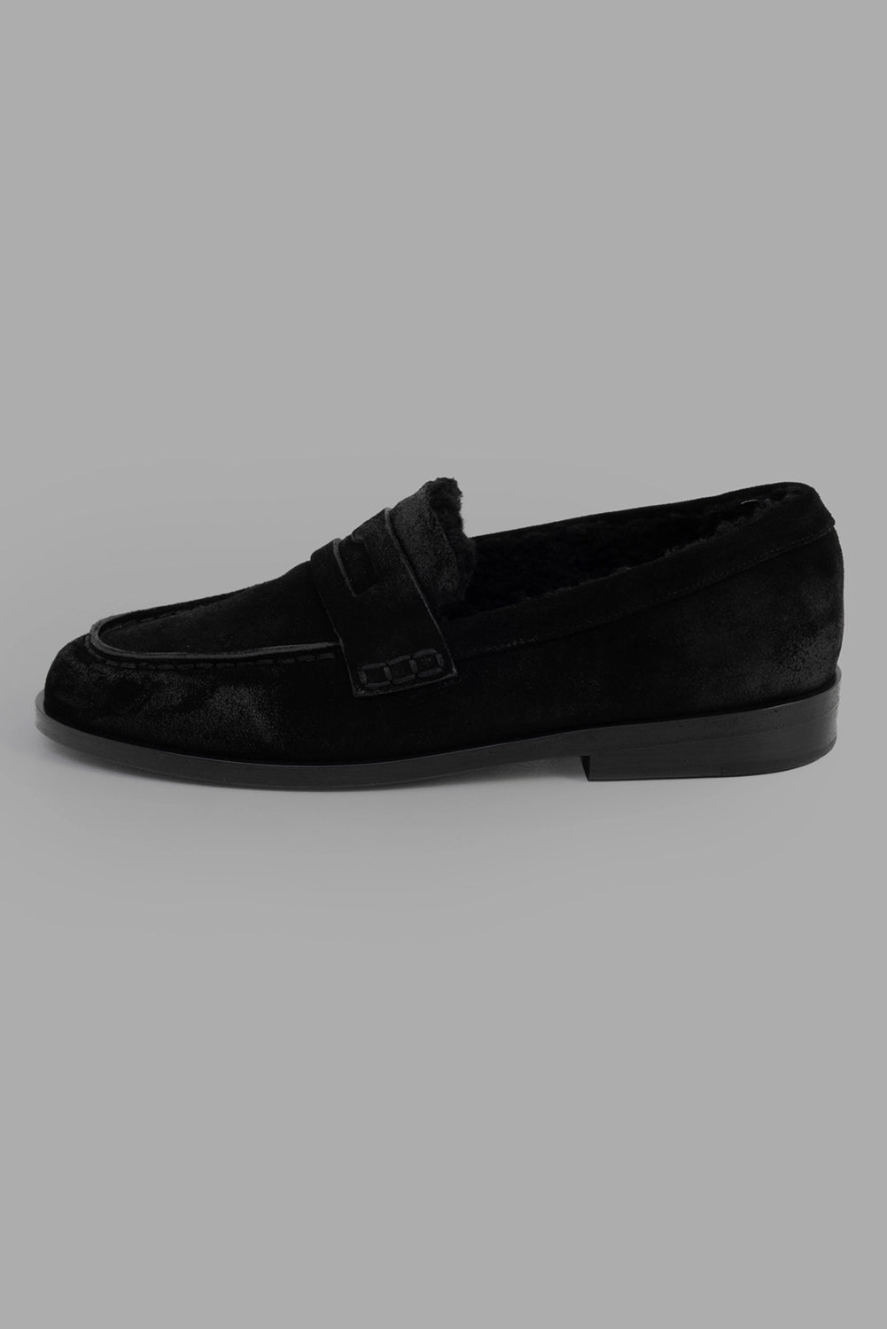 Marsèll loafers in black, side view, reversed-calf upper with penny strap