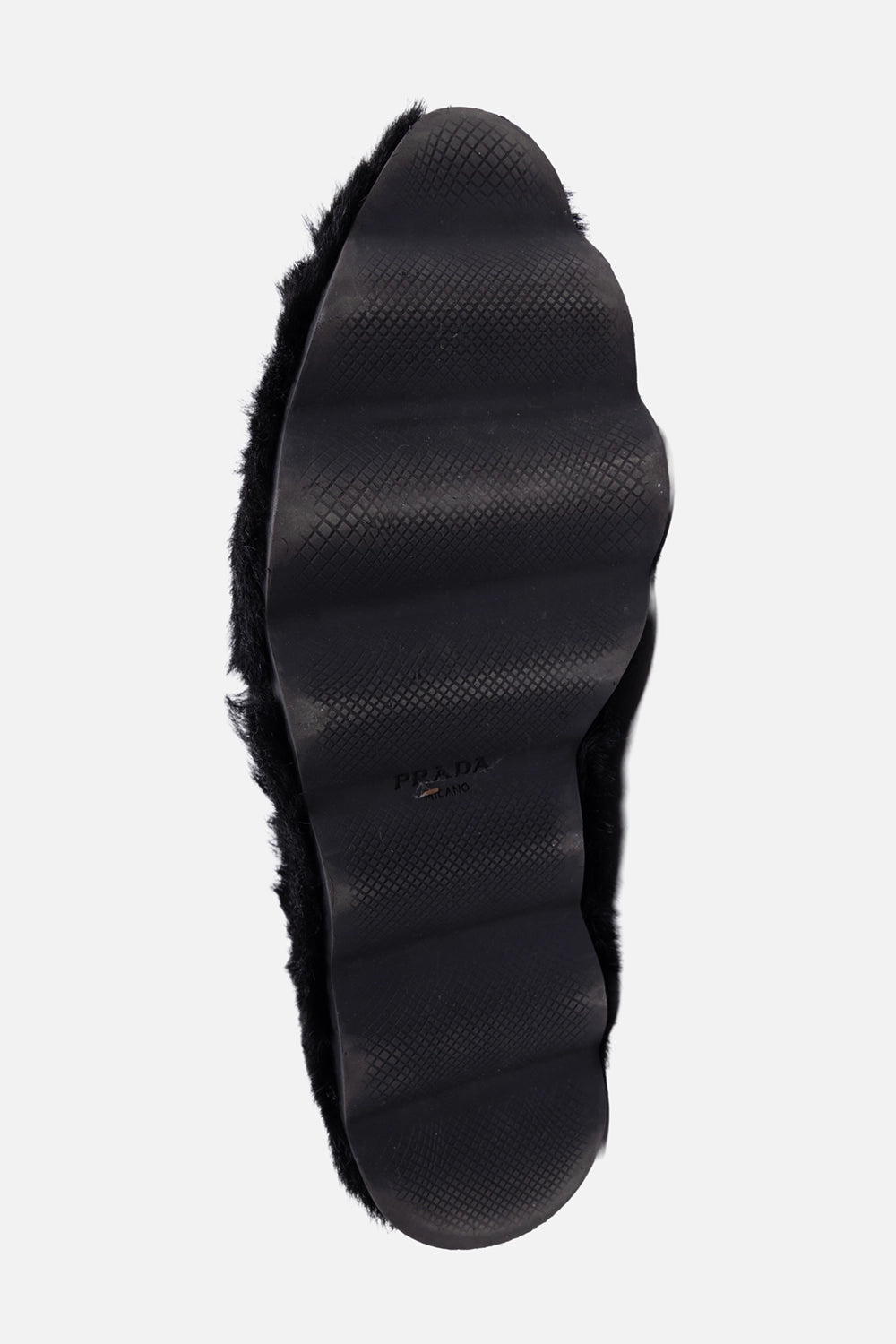 Pre-owned Prada womens loafers in black, sole view, textured rubber outsole with Prada Milano stamp