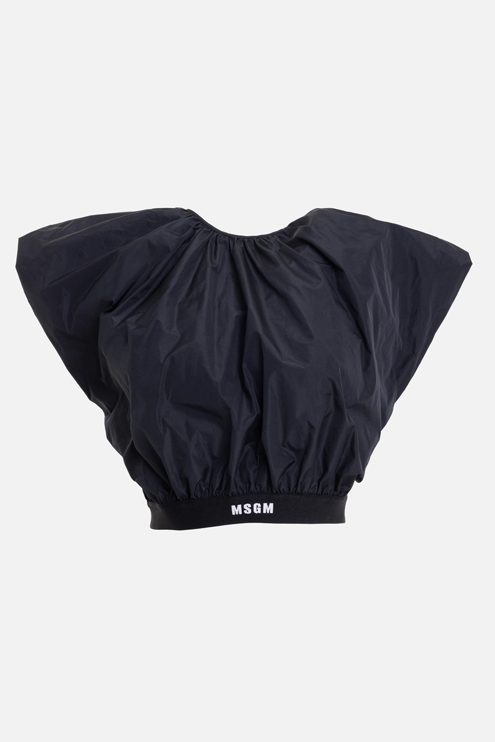 MSGM women's taffeta top in black, front view with gathered neckline and logo elastic hem