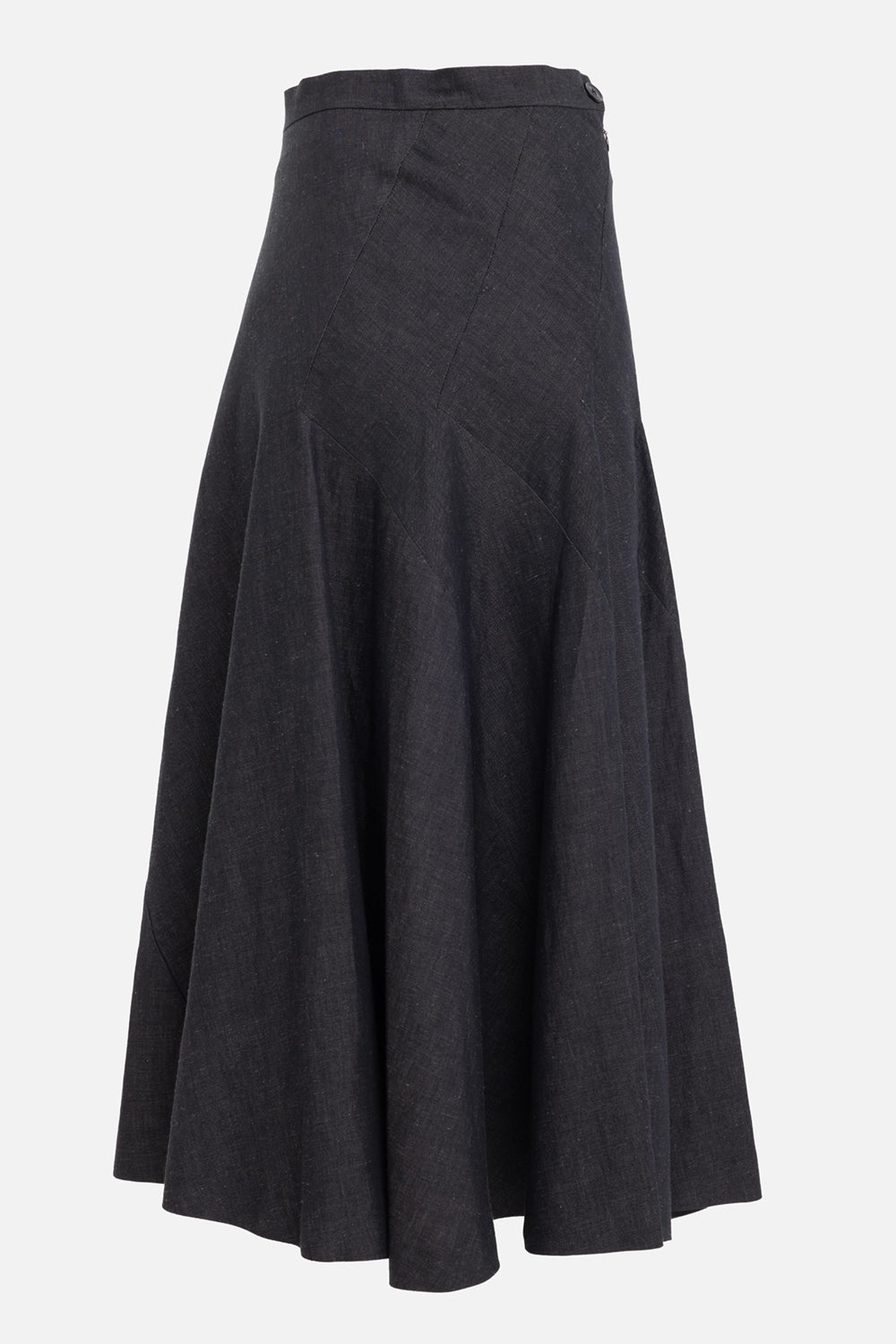 Vivienne Westwood women's Long Bella Donna skirt in navy, 3/4 view with side button and A-line panels