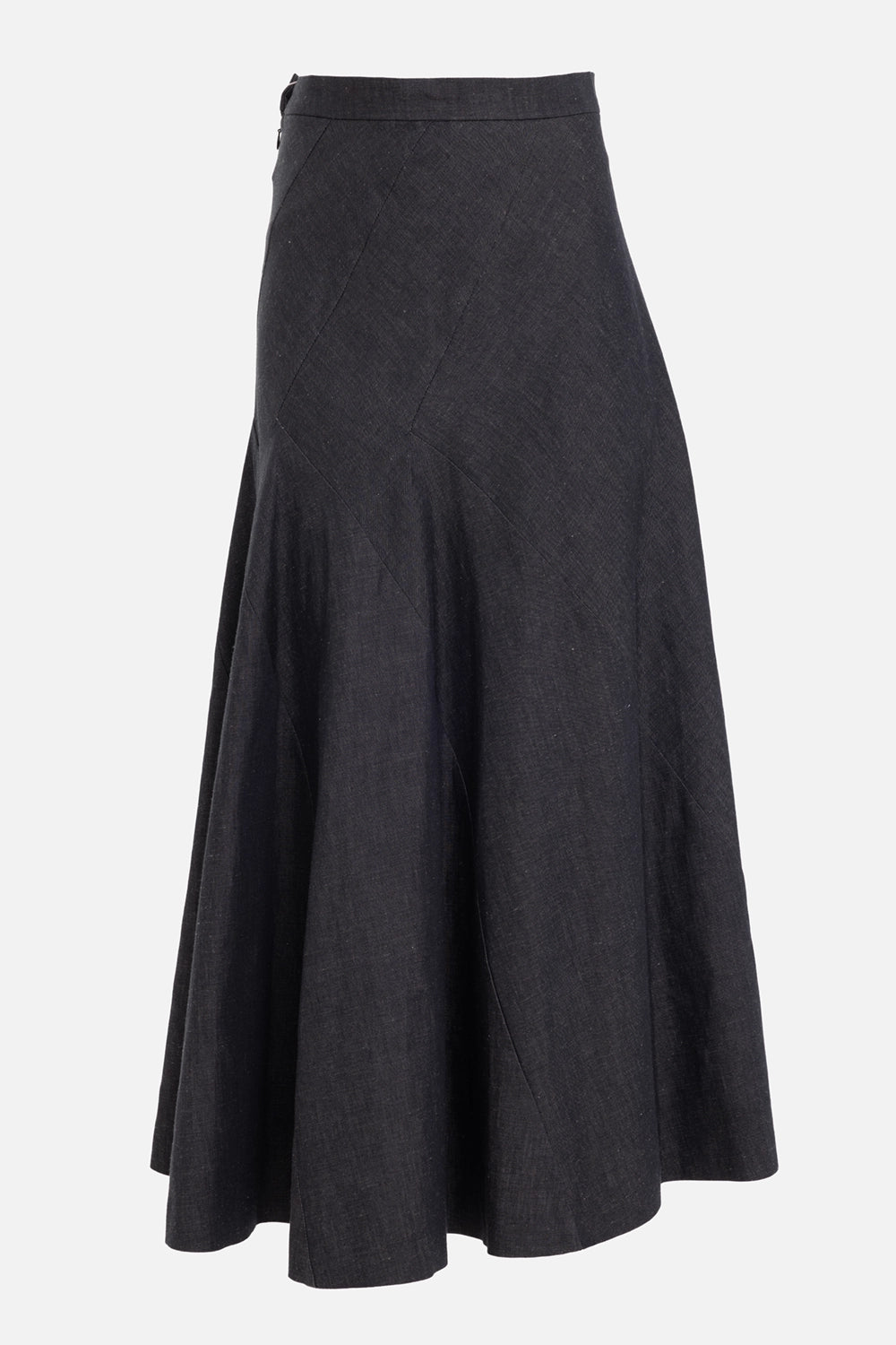 Vivienne Westwood women's Long Bella Donna skirt in navy, front view with diagonal seams and flared hem