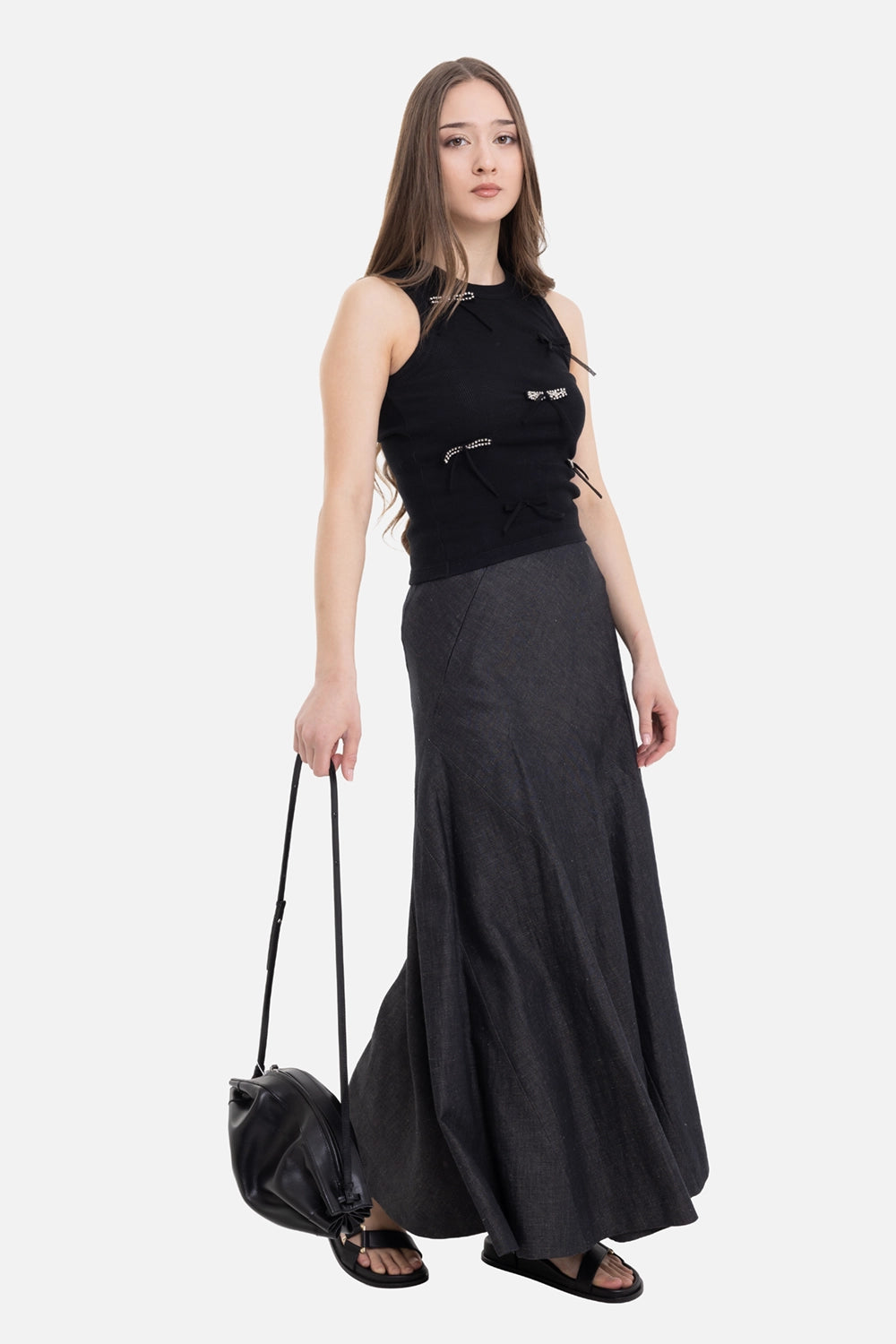 Vivienne Westwood women's Long Bella Donna skirt in navy, on-model full-length with sweeping flared hem