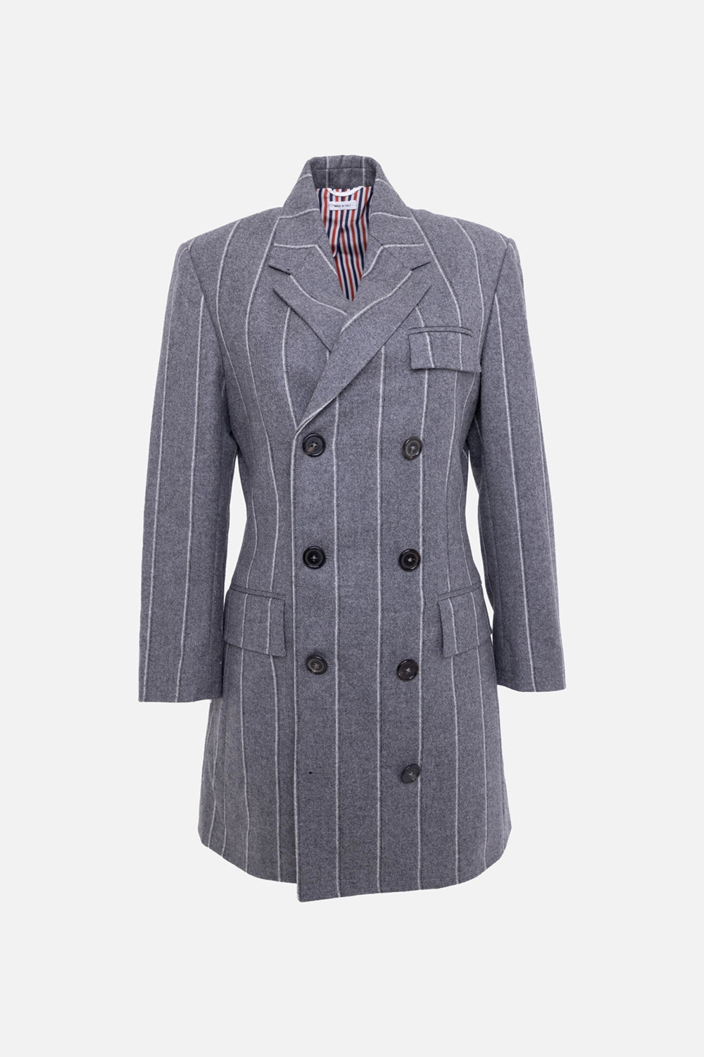 Pre-owned Thom Browne women's long blazer in grey, front view, double-breasted pinstripes and flap pockets