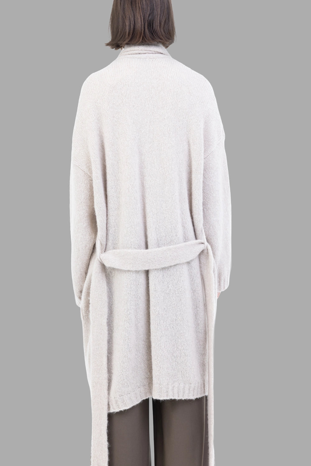 GentryPortofino women's long cardigan in Stucco, back view, tie belt at back, drop shoulders and ribbed hem.