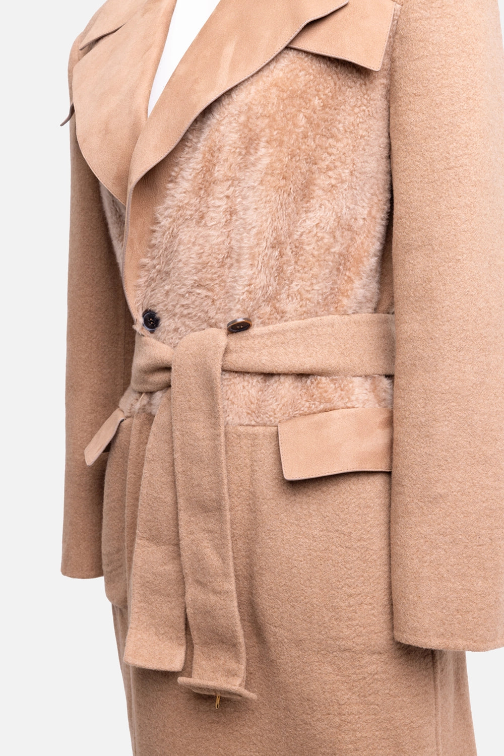 Pre-owned Agnona women's long coat in camel, 3/4 view, textured front panel and suede lapel detail