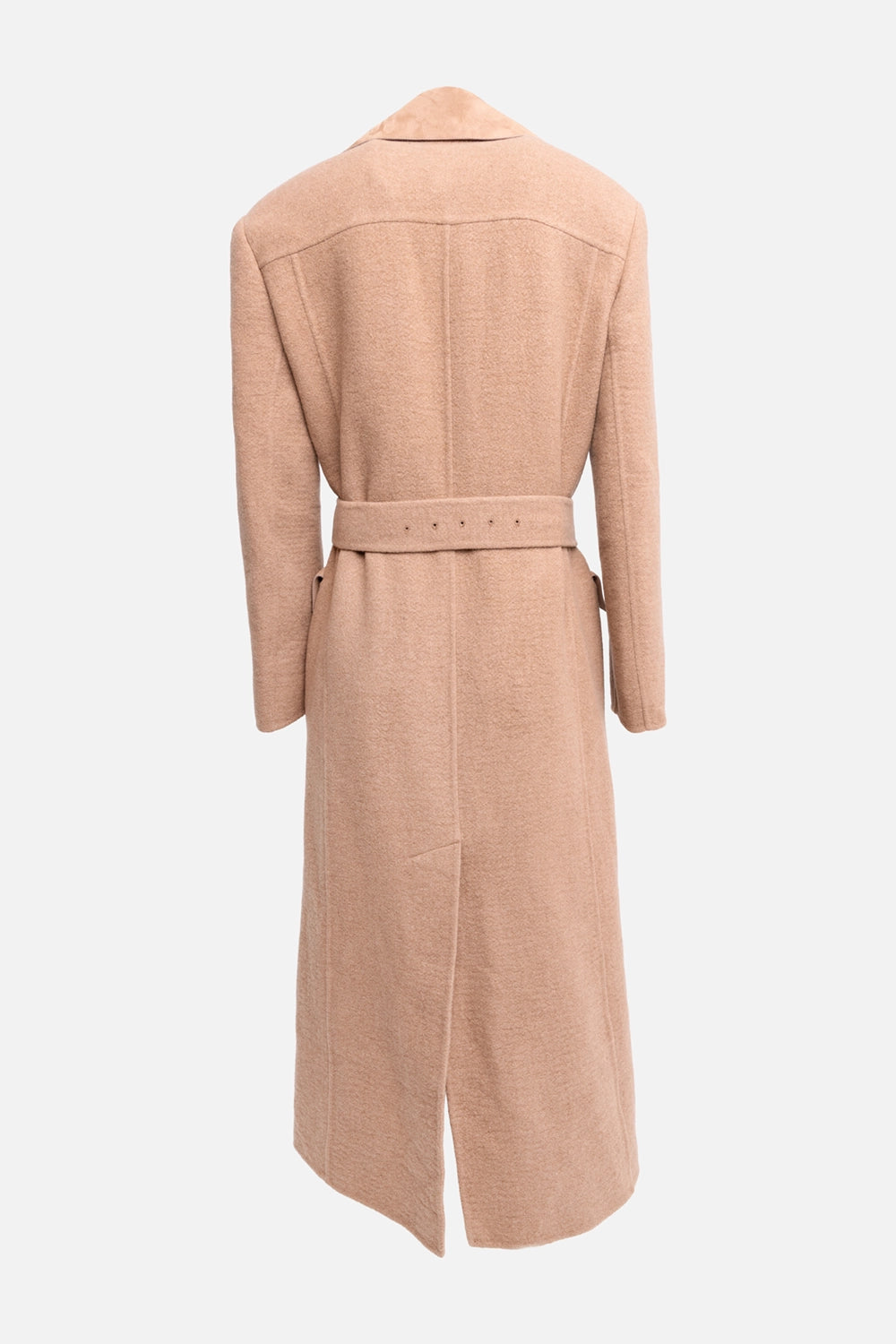 Pre-owned Agnona women's long coat in camel, back view, long double-face silhouette with waist belt