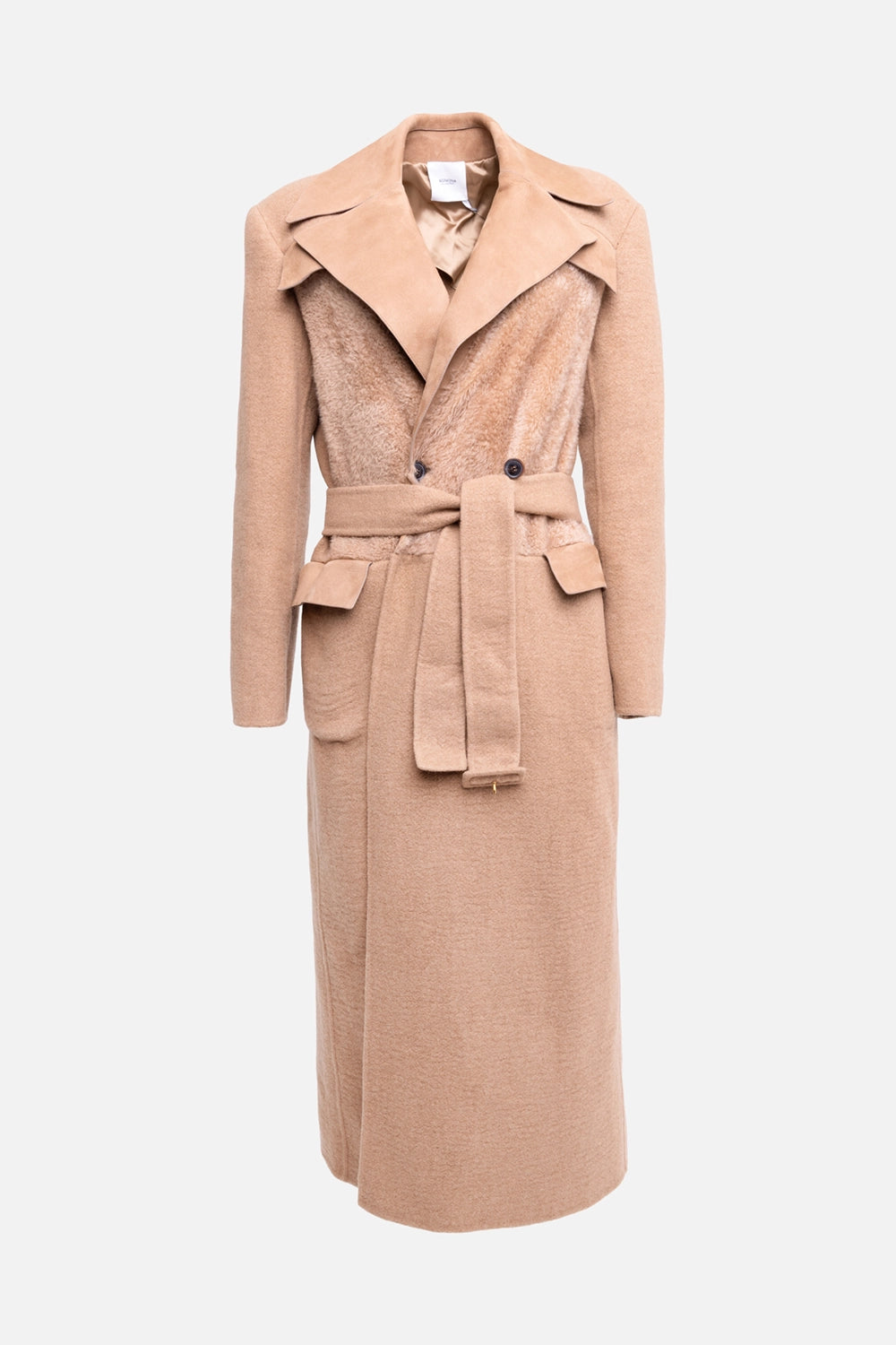 Pre-owned Agnona women's long coat in camel, front view, suede lapels with belted waist and flap pockets