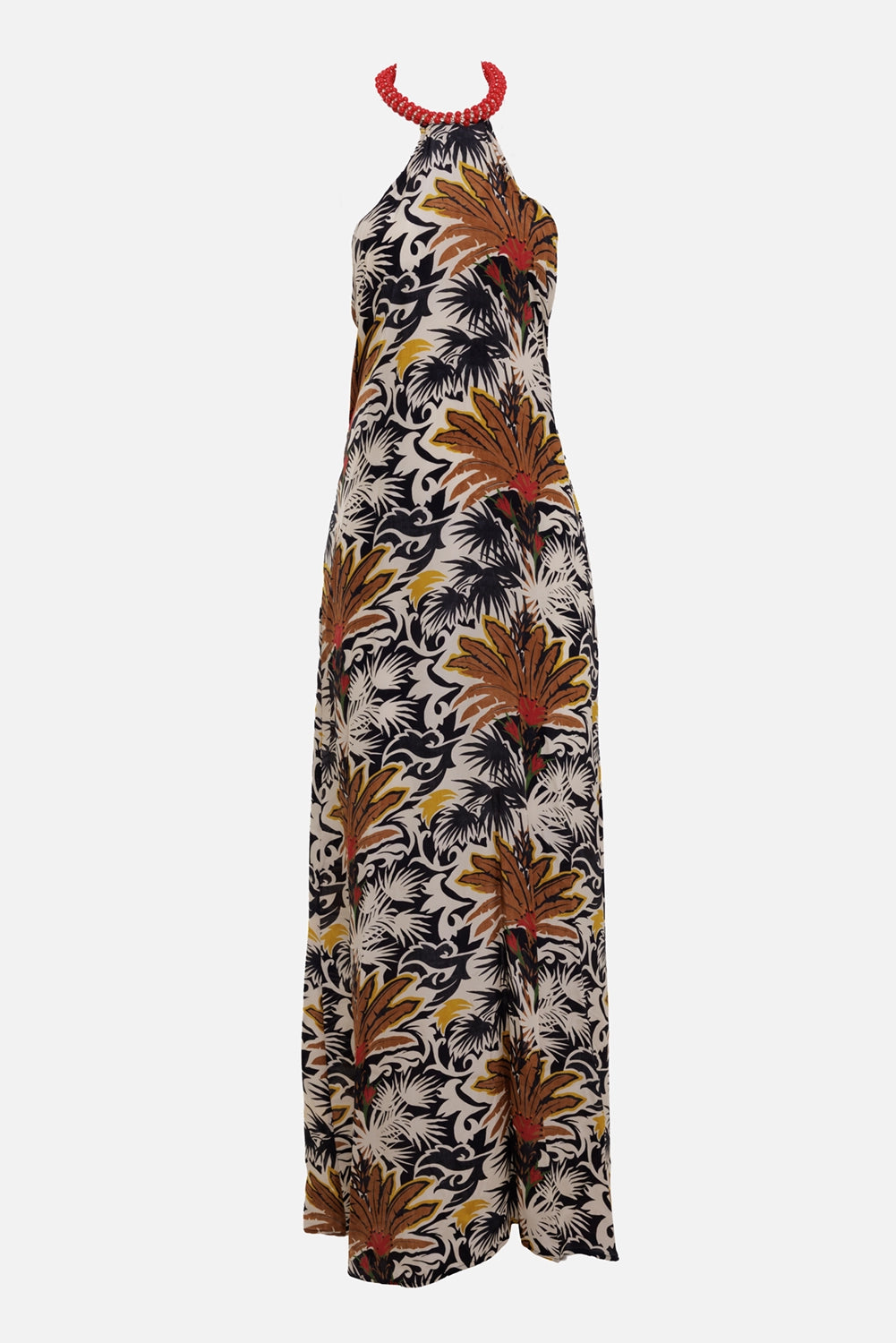 Anjuna women long dress in Desert Cognac, front view, red beaded halter necklace and palm print