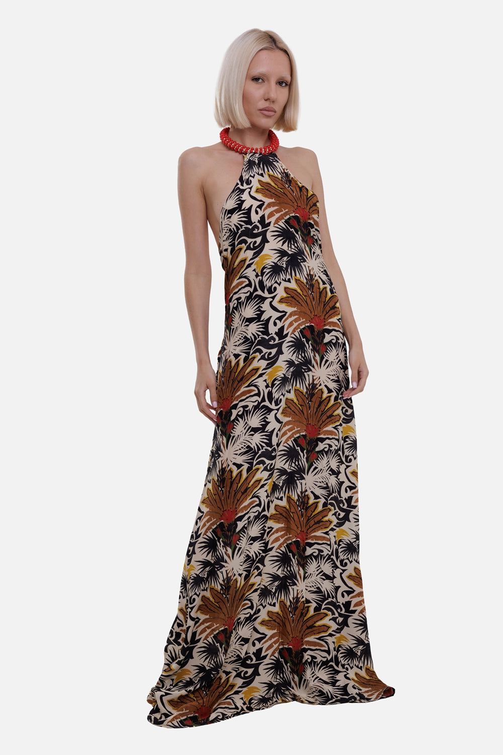 Anjuna women long dress in Desert Cognac, on-model full length, halter neckline and flowing hem