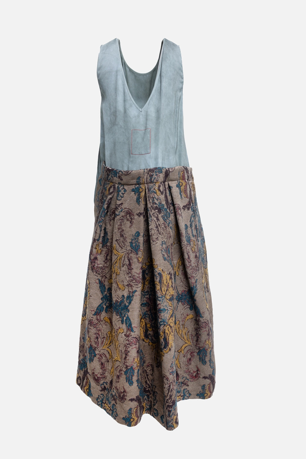 Pre-owned Uma Wang women’s long dress in tan/blue/brown, back view, deep V-back with contrast-stitched patch pocket detail