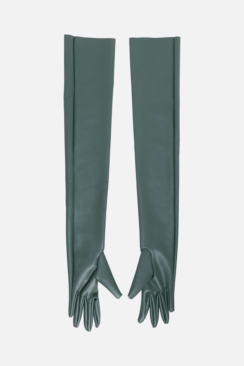 Norma Kamali women’s long gloves in dark emerald, back view, extended opera length with clean seamed construction