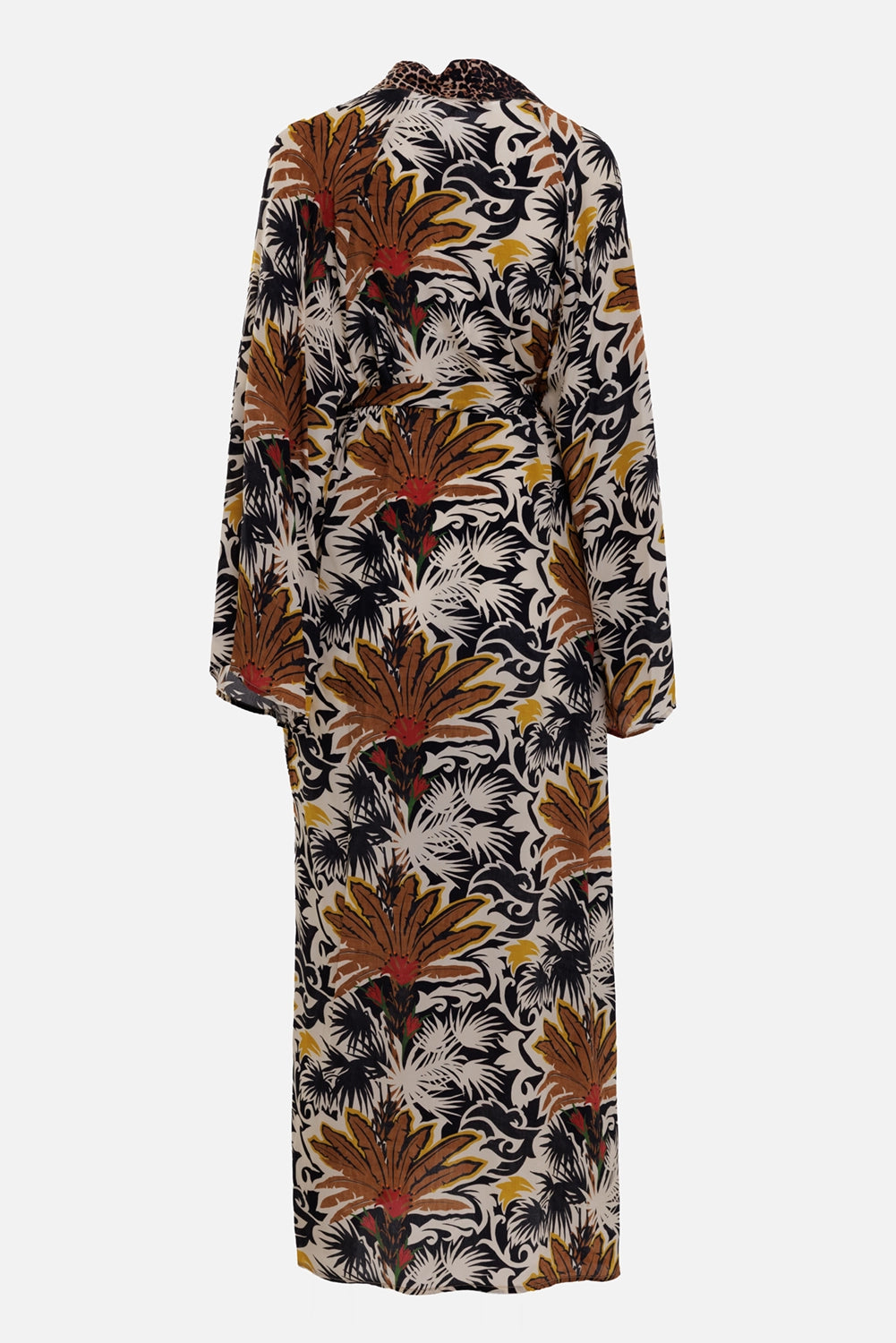 Aniye By women's long kimono in Desert Cognac, back view, palm motif and loose kimono sleeves