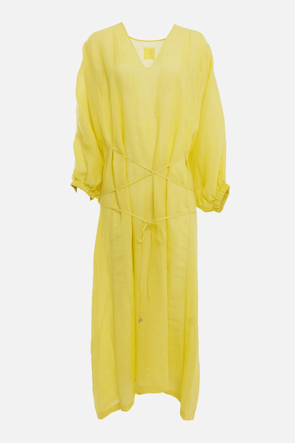 Fisico women's long kimono dress in Limone, front view, deep V neckline and logo-tipped ties
