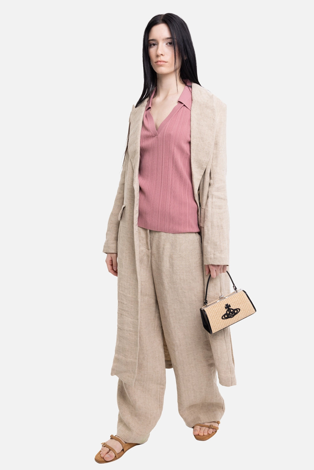 Gentry Portofino women's long jacket in corda, on-model full length, below-calf cut and long lapels