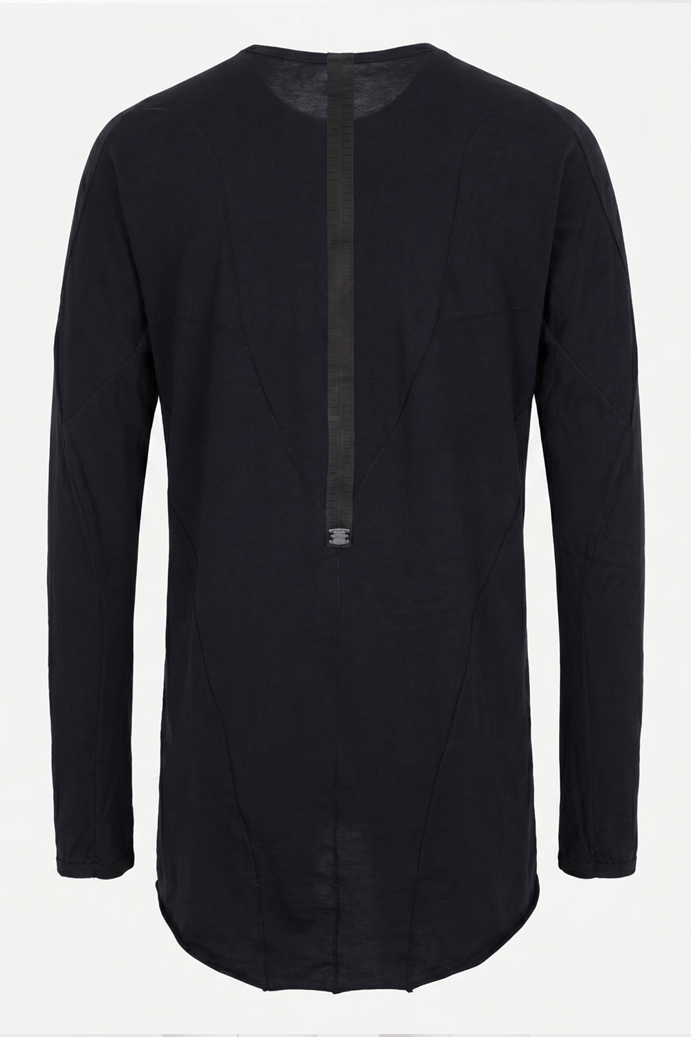 69 by Isaac Sellam men's long-sleeve T-shirt in black, back view, leather spine strip and staple