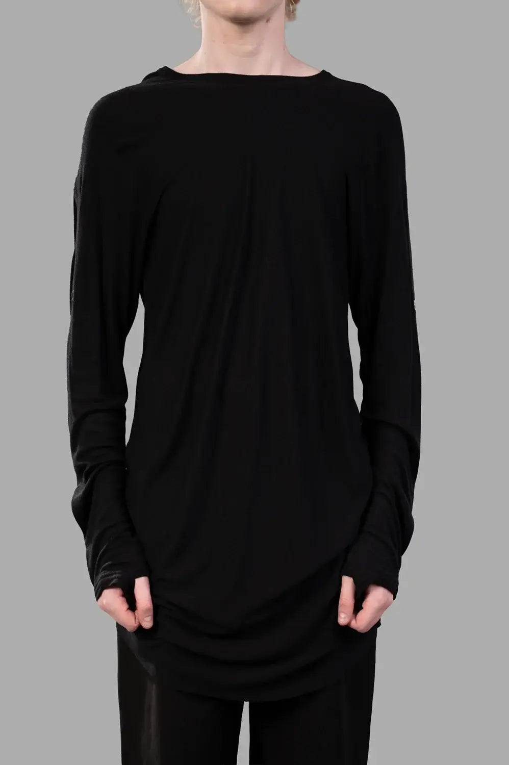 69 by Isaac Sellam long-sleeve t-shirt in black, front view, relaxed jersey drape and thumbhole cuffs