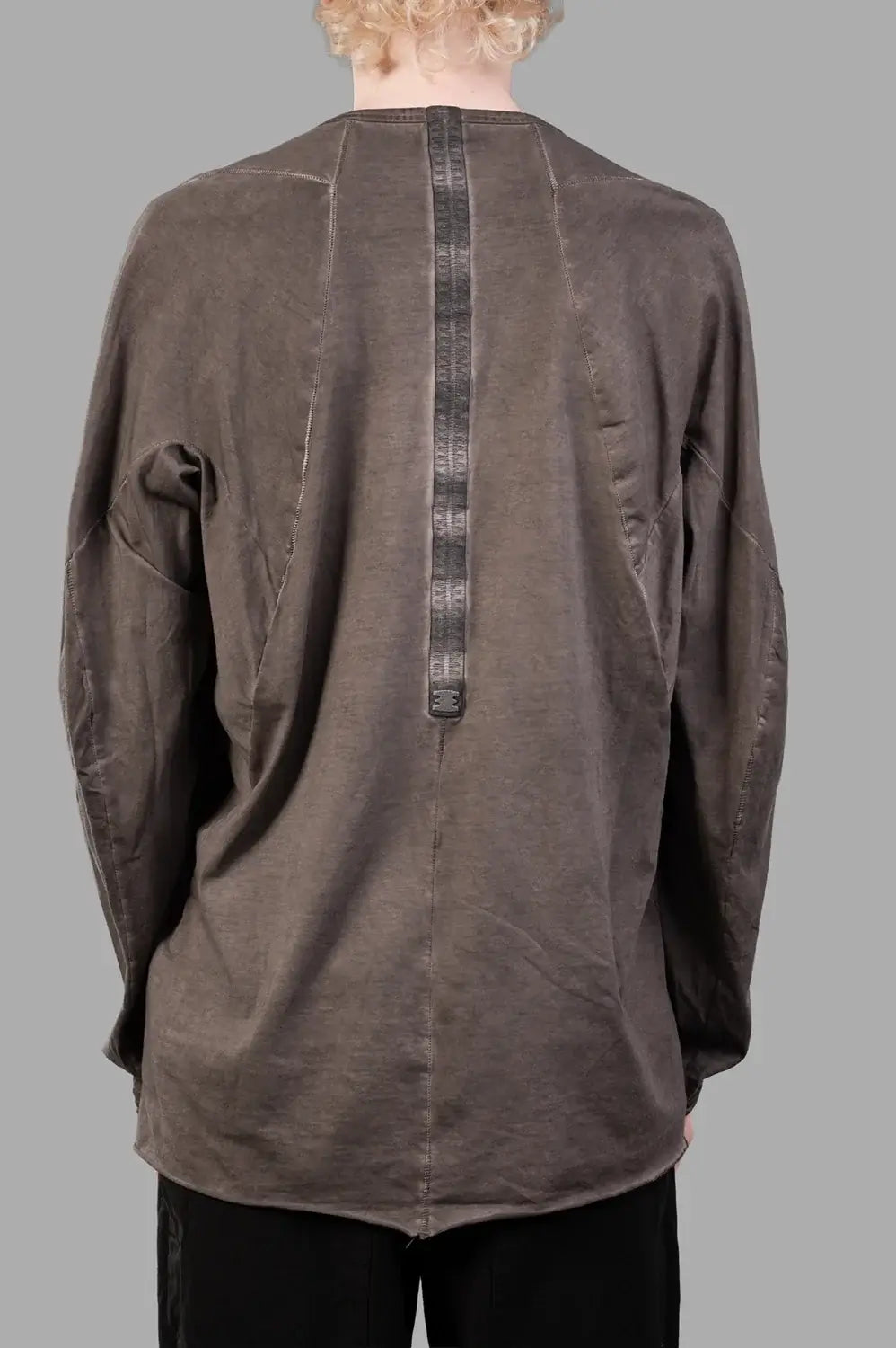 69 by Isaac Sellam long-sleeve t-shirt in taupe, back view, leather spine taping and overlock seams