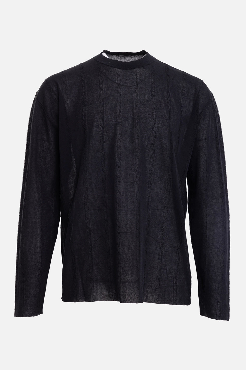 Uma Wang men's long-sleeve top in black, front view, semi-sheer striped knit and round neck