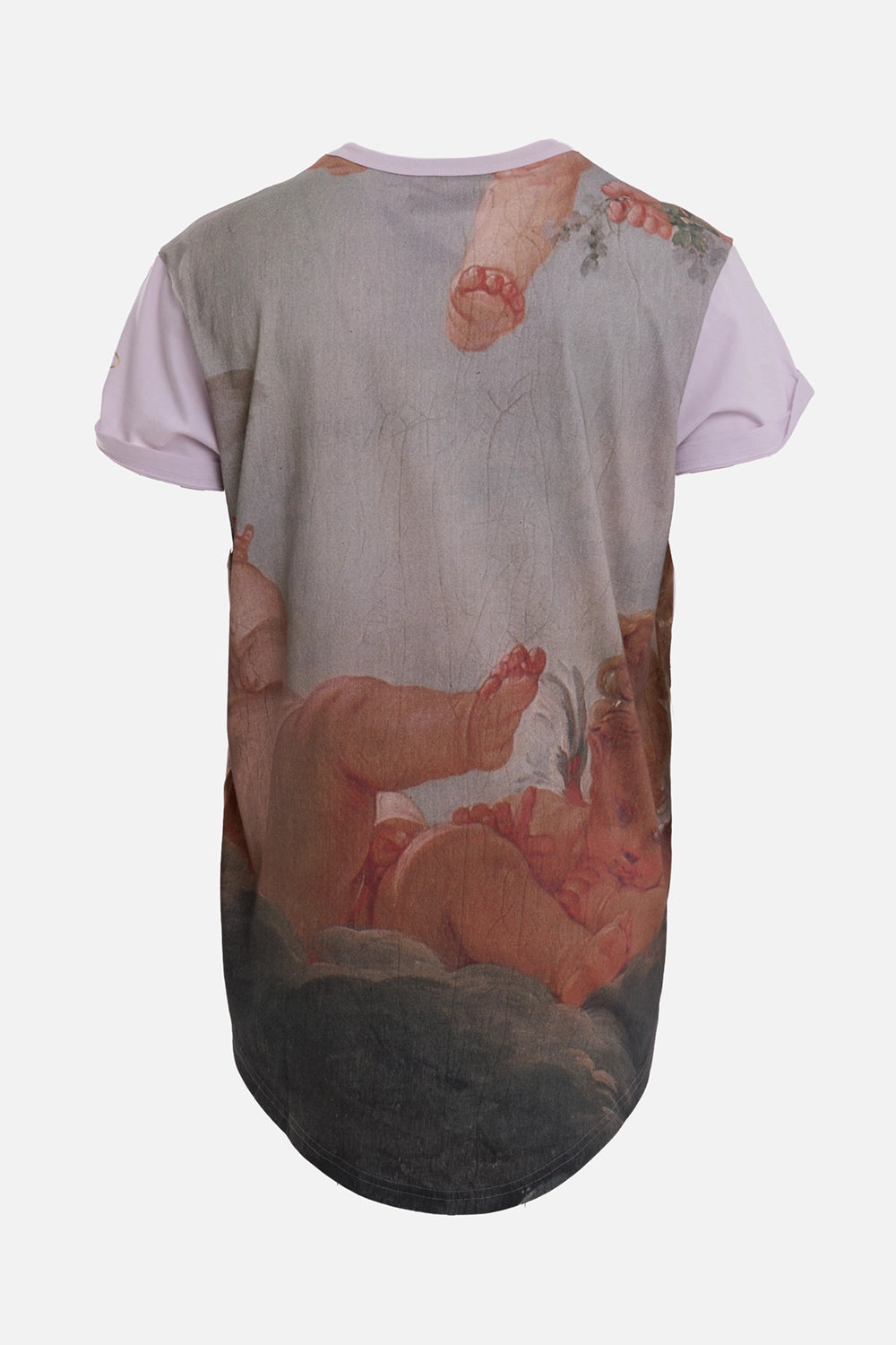 Vivienne Westwood unisex longline T-shirt in Primavera Cherubs, back view with elongated curved hem and faded artwork
