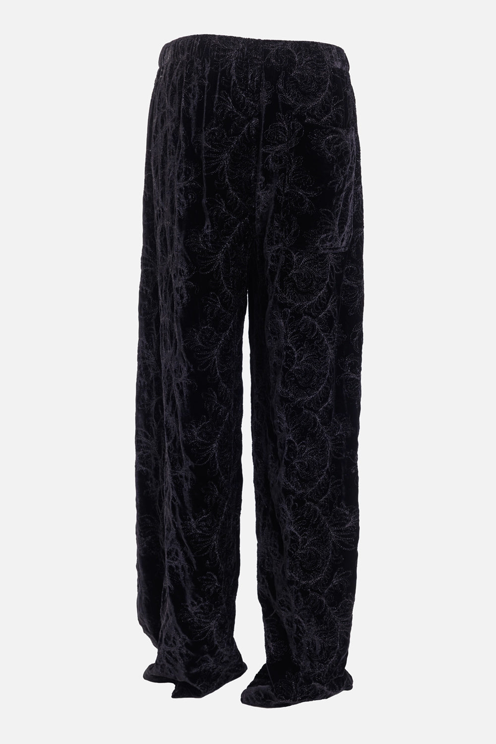 Ann Demeulemeester women's lounge pants in black, back view with patch pocket and paisley velvet texture