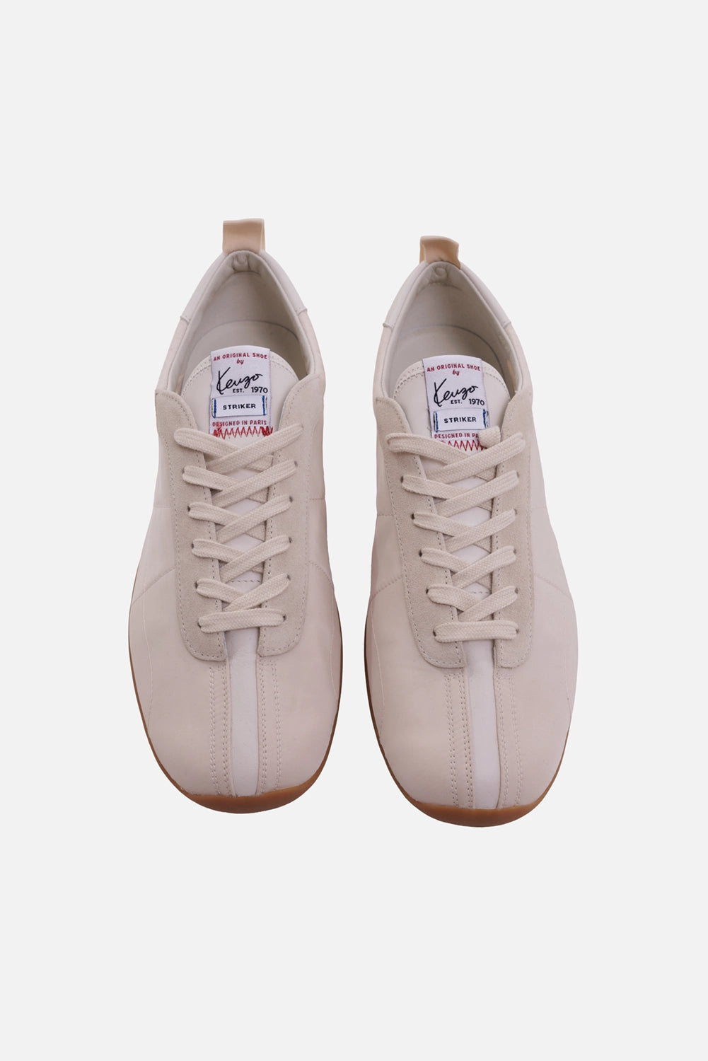 KENZO men's low-top sneakers in ecru, top view with tonal laces, stitched toe panels and woven tongue labels