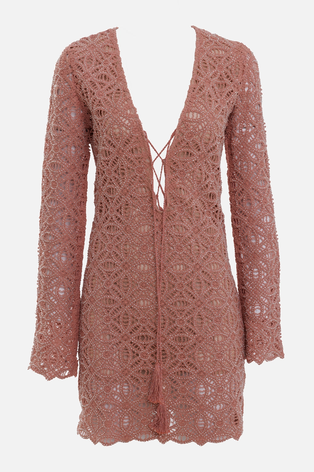 Anjuna women's macramé short dress in blush pink, front view, beaded openwork and tassel ties