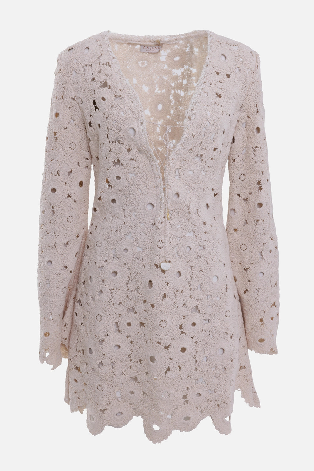Anjuna women's macramé short dress in rose blush, front view, lace tie neck and scalloped hem