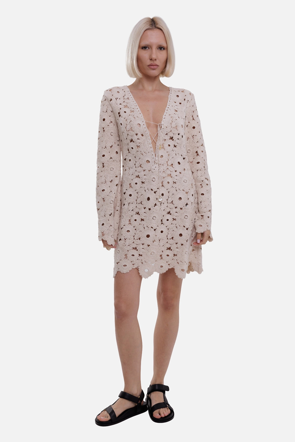 Anjuna women's macramé short dress in rose blush, on-model full length, deep V tie front
